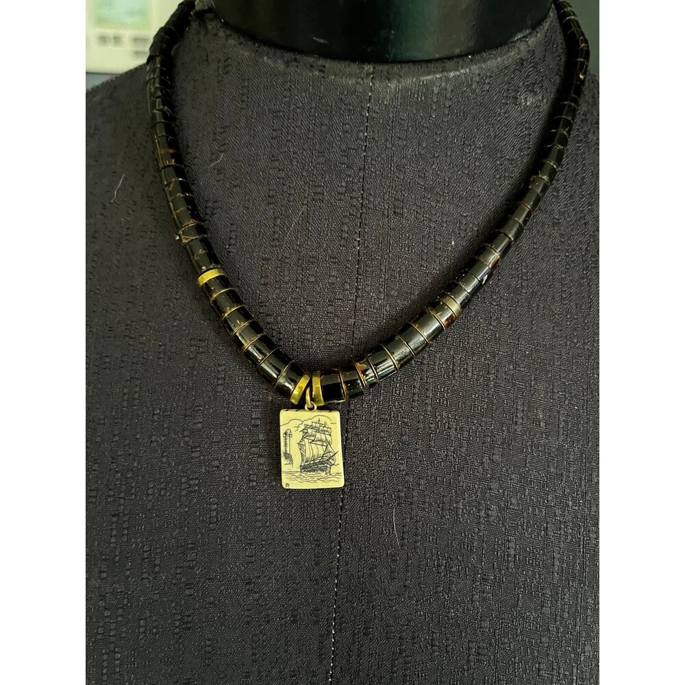 Vintage 1970’s beaded Pukka Shell necklace Choker Bone scrimshaw  ship pendant